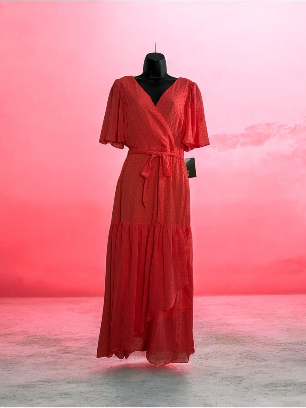 Donna Ricco Coral Red Wrap Maxi Dress with Tie Waist